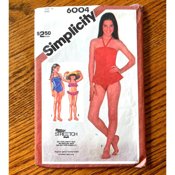 Vintage 1980s Simplicity 6004 Sewing Pattern Sz XS 12 Bathing Suit Set COMPLETE - Picture 1 of 2